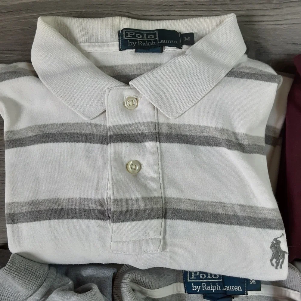 Polo Lot Of 5 Ralph Lauren Mens Shirt Medium Grey White Striped Burgundy- TShirt